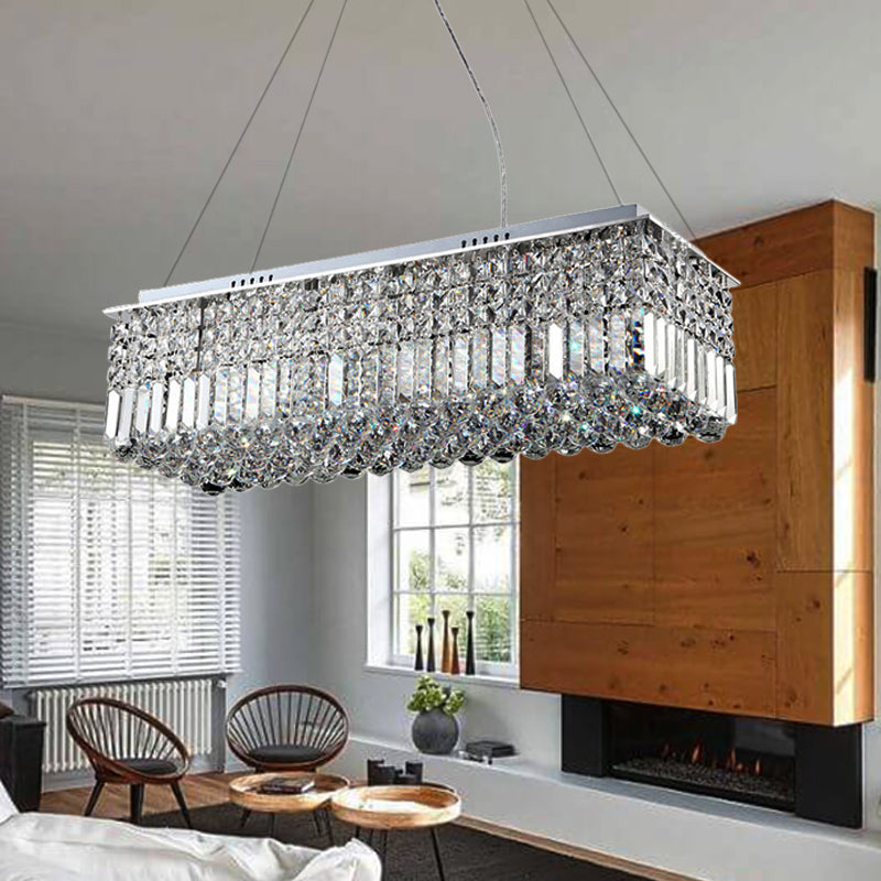 Modern Chrome Chandelier With Crystal Shade - 8 Light Rectangle Ceiling Fixture For Living Room