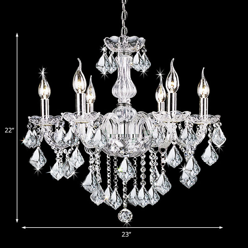 Contemporary Clear Glass Candelabra Chandelier 6 Lights With Crystal Accent Ideal For Living Room