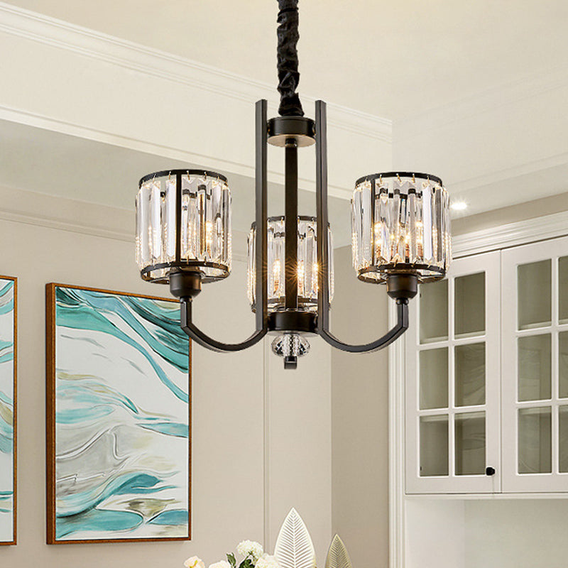 Rustic Cylinder Crystal Block Ceiling Light Fixture - Elegant Black Chandelier For Living Room 3/6/8