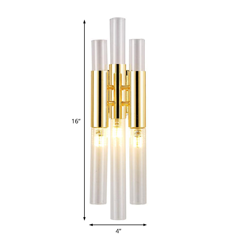 Modern Crystal Brass Flute Wall Mount Sconce Light Fixture For Living Room - 3 Lights