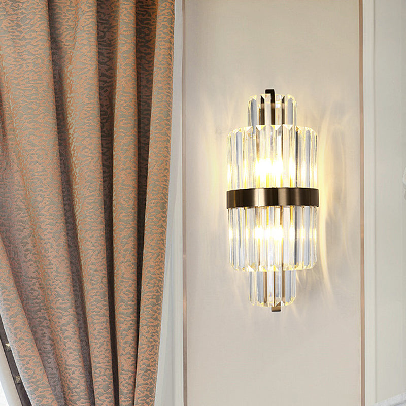 Spool Wall Sconce Light - Modern Faceted Clear Crystal Prism 2 Lights Brass Finish