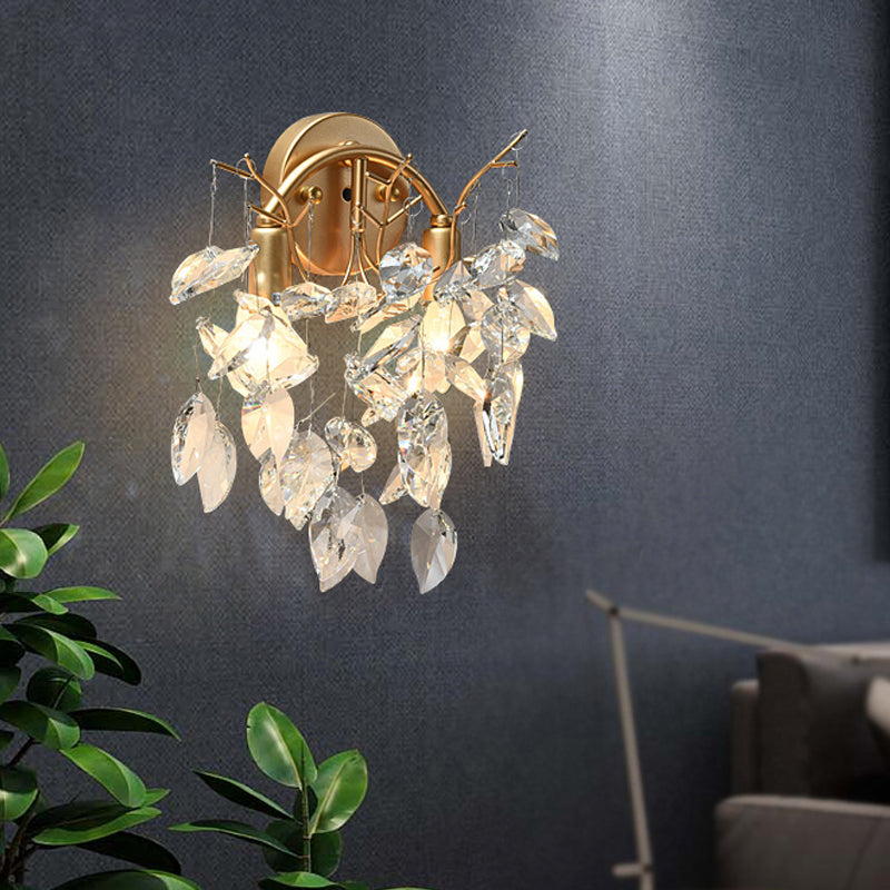 Modern Crystal Wall Mount Sconce Light Fixture With Leaf Faceted Design - 4 Lights Brass Finish