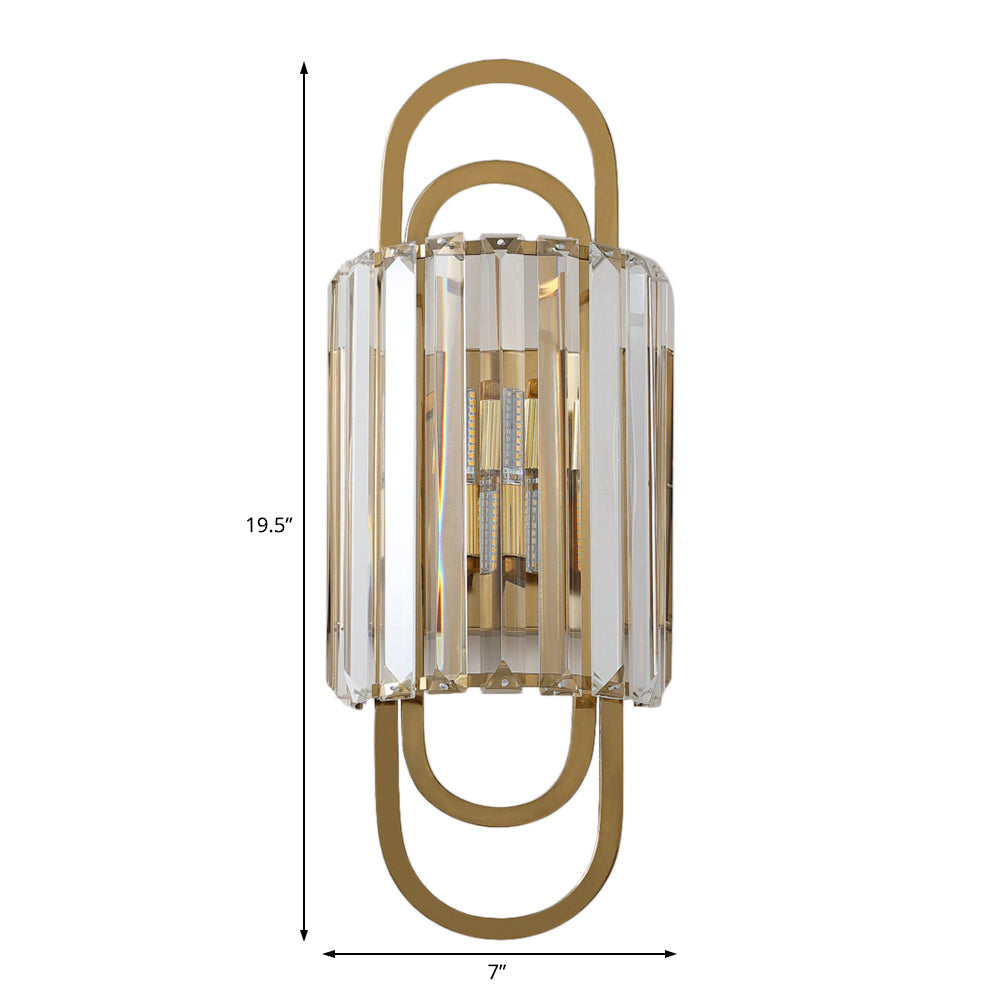 Contemporary Gold Wall Sconce With Tri-Sided Glass Rods - 2 Light Cylinder Fixture For Bedroom