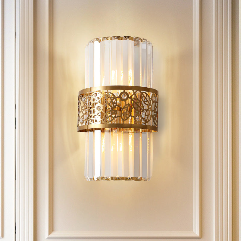 Modern Crystal Rectangle Wall Light With Brass Hollow Belt - 2 Lights Study Room Sconce