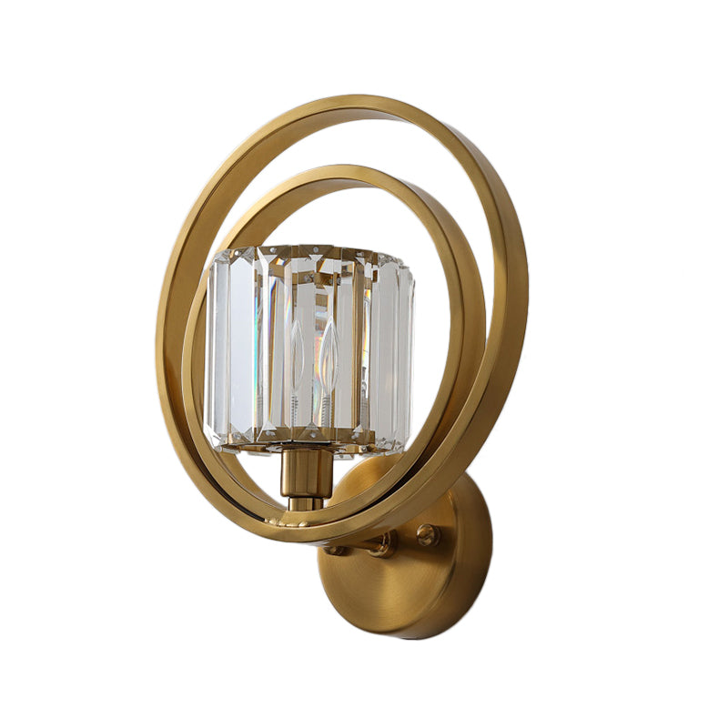 Postmodern Crystal Drum Wall Mount Sconce Light With Brass Orb Frame