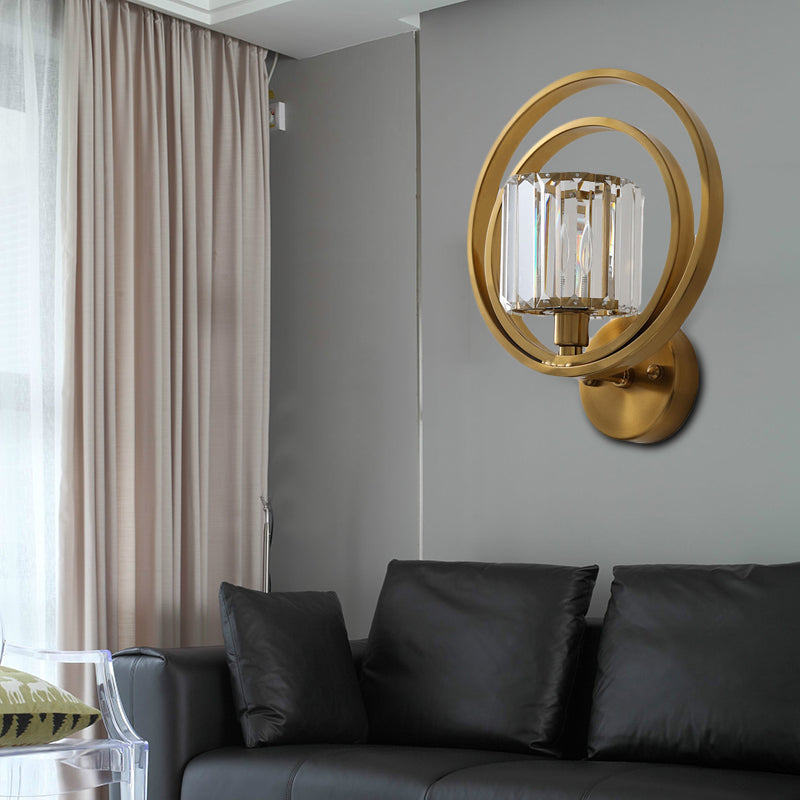 Postmodern Crystal Drum Wall Mount Sconce Light With Brass Orb Frame