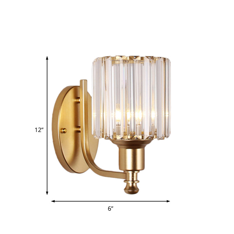 Cylinder Crystal Rectangle Wall Sconce - Contemporary Bedroom Light With Black/Gold Backplate