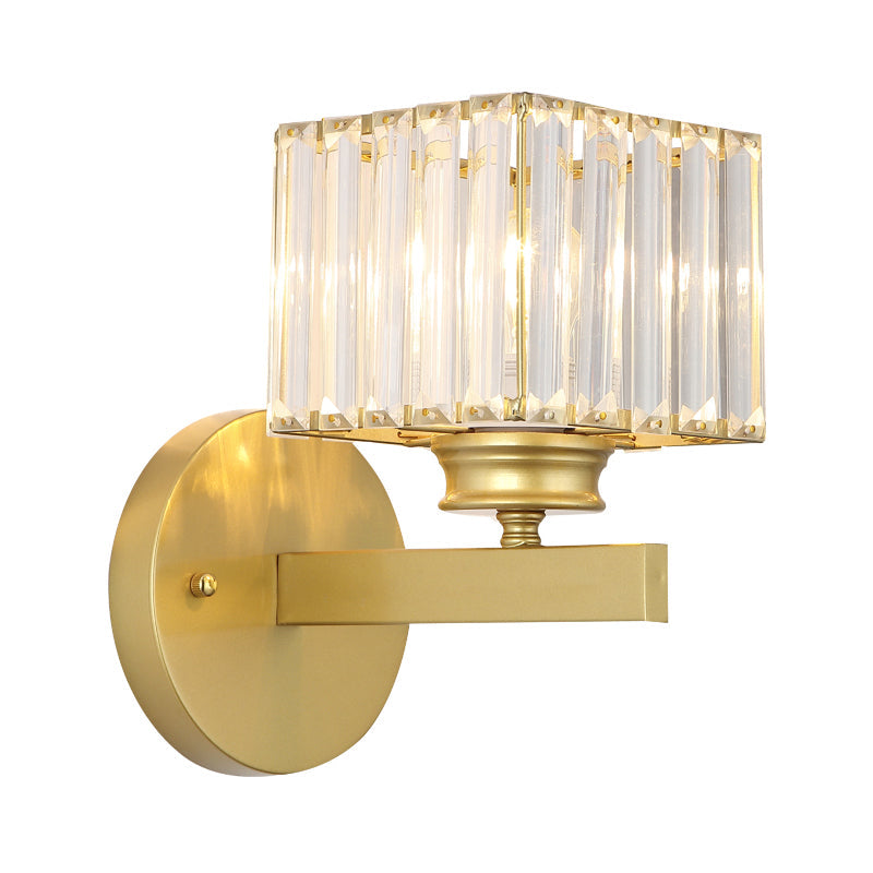 Postmodern Crystal Block Wall Sconce With Brass/Black Backplate For Bedroom
