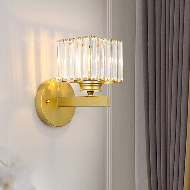 Postmodern Crystal Block Wall Sconce With Brass/Black Backplate For Bedroom Brass