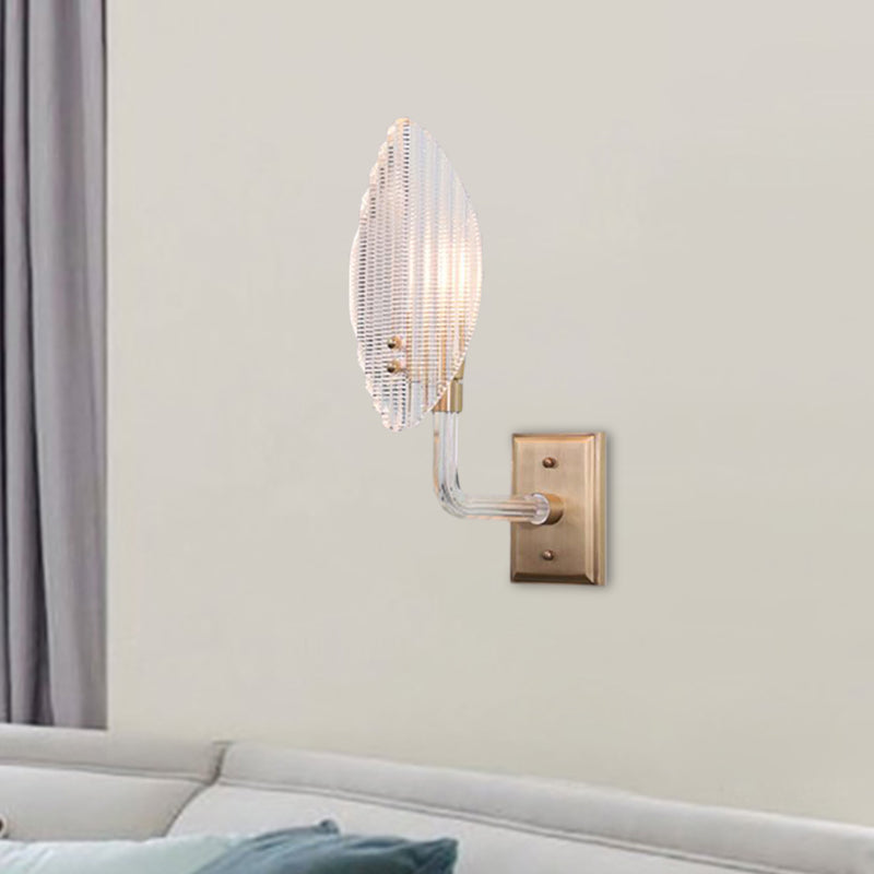 Contemporary Leaf Textured Glass Wall Sconce With Brass Backplate - 1/2 Lights For Living Room
