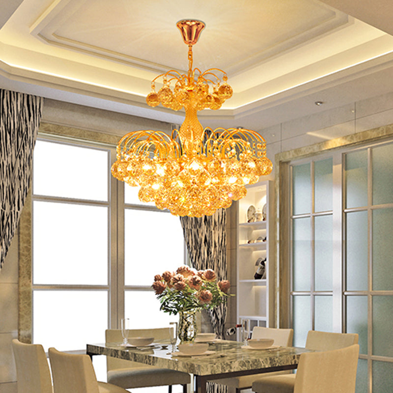 Contemporary 8-Light Chrome/Gold Cascade Chandelier with Crystal Ball Shade, 16"/19.5" Wide