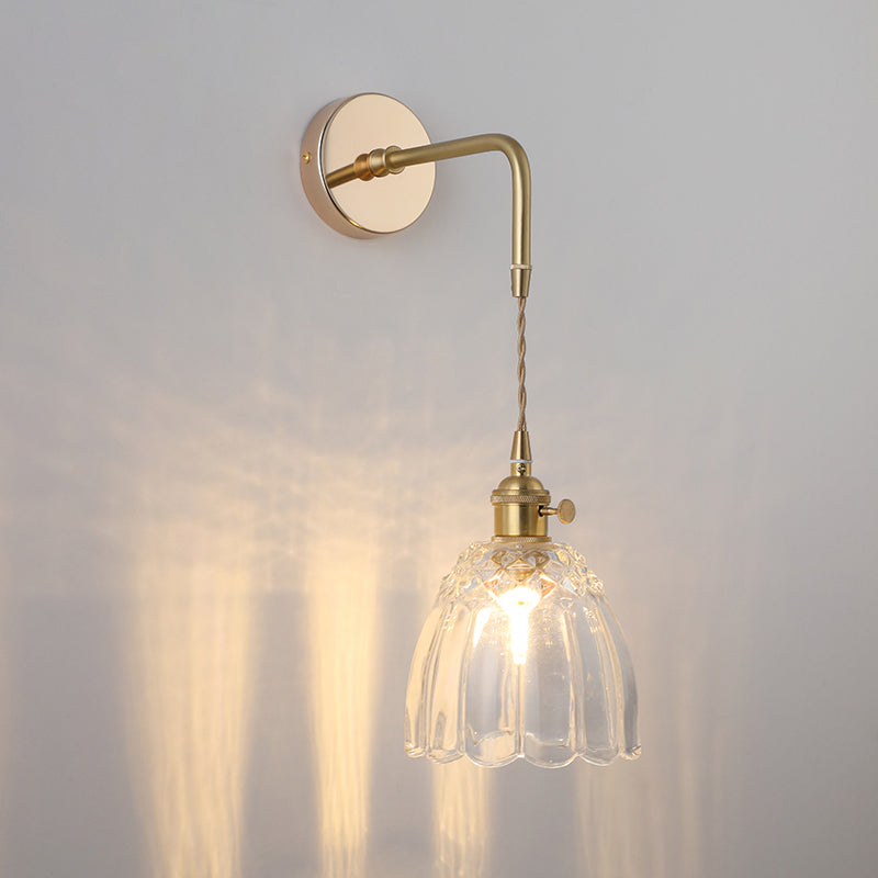 Vintage Single-Bulb Bedside Wall Mounted Lamp In Gold - Shaded Glass Light Fixture / E
