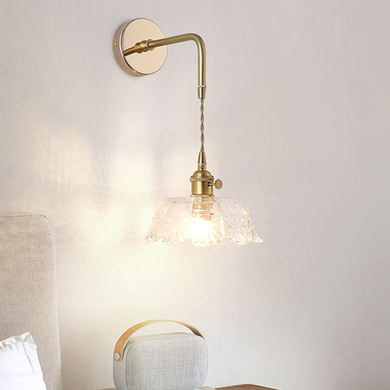 Vintage Single-Bulb Bedside Wall Mounted Lamp In Gold - Shaded Glass Light Fixture / F