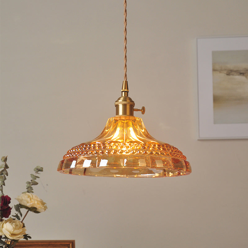 Sleek Amber Glass Pot Lid Pendant Light - Simplicity style with 1-Bulb for Restaurants