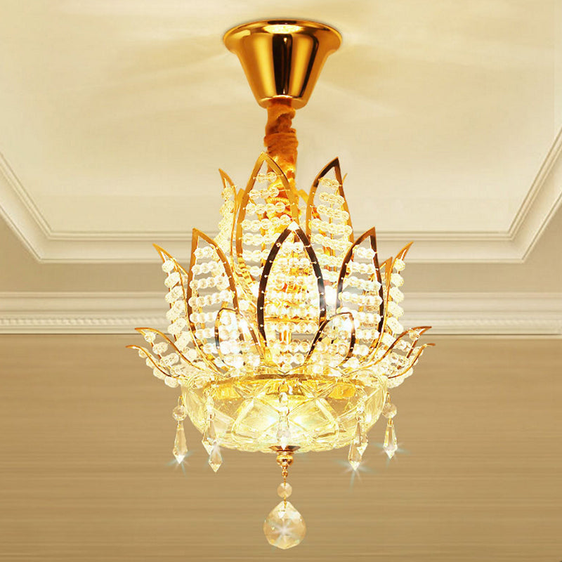 Lotus Faceted Crystal Ball Chandelier - Modern Gold Hanging Light, 3 Lights for Hallway