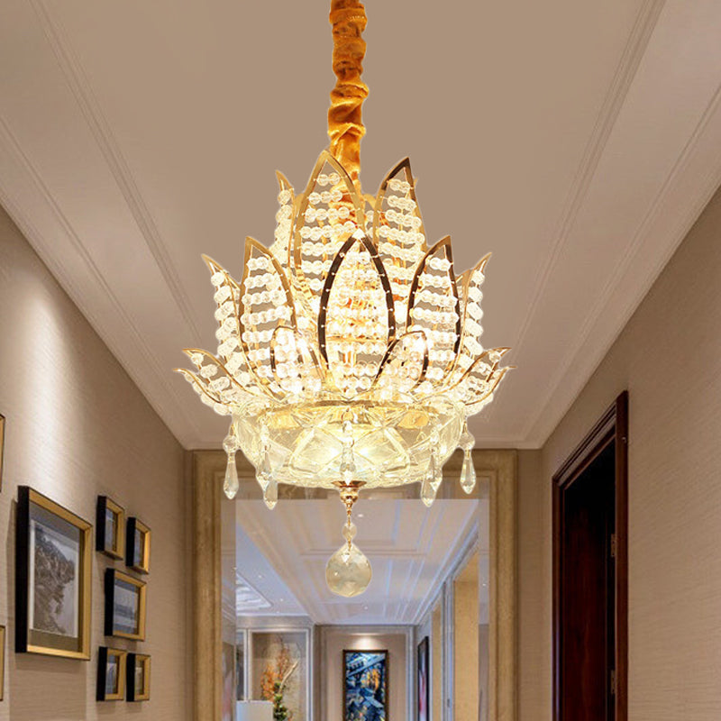 Modern Gold Lotus Crystal Ball Chandelier - 3-Light Hallway Hanging Light