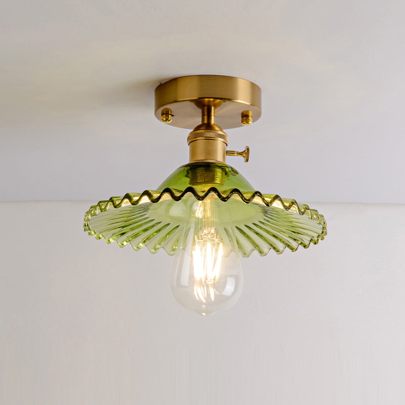 Retro Style Gold Shaded Glass Flush Mount Light For Corridors - Semi Ceiling Fixture / C