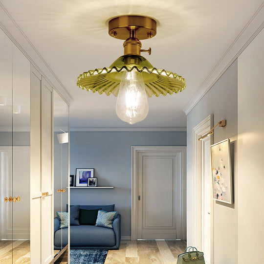 Retro Style Gold Shaded Glass Flush Mount Light For Corridors - Semi Ceiling Fixture