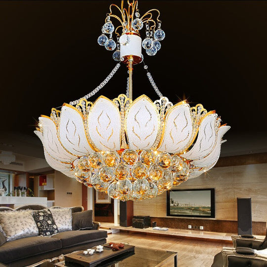 Contemporary Faceted Crystal Ball Lotus Chandelier Light – Gold, 3 Multi Lights – 16"/19.5"/23.5" Wide