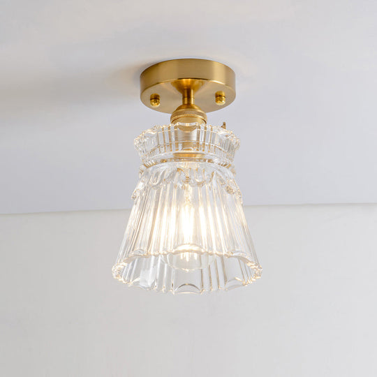 Retro Style Gold Shaded Glass Flush Mount Light For Corridors - Semi Ceiling Fixture / J