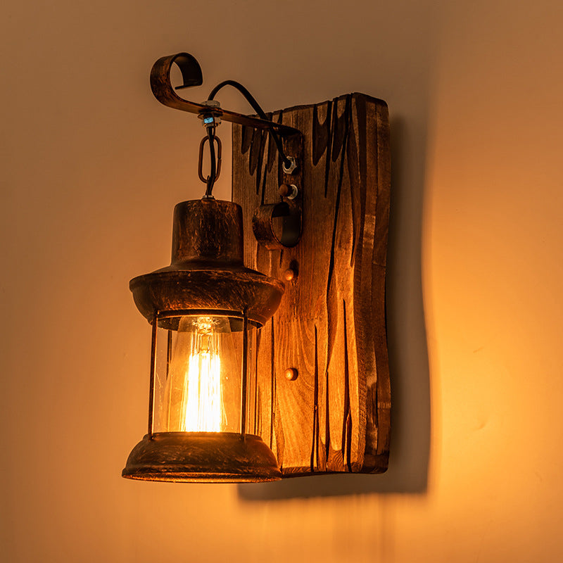 1-Light Industrial Lantern Wall Mount With Clear Glass Shade - Ideal For Restaurants Rust