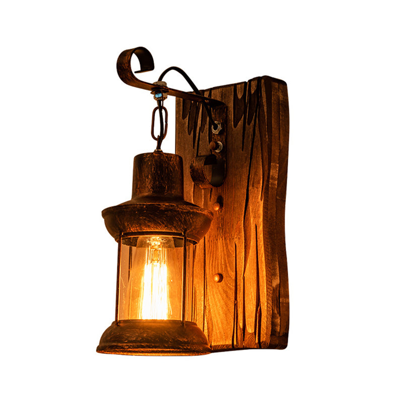 1-Light Industrial Lantern Wall Mount With Clear Glass Shade - Ideal For Restaurants