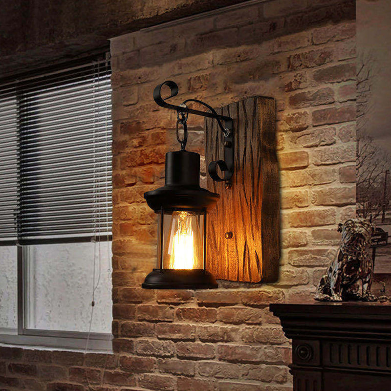 1-Light Industrial Lantern Wall Mount With Clear Glass Shade - Ideal For Restaurants Black