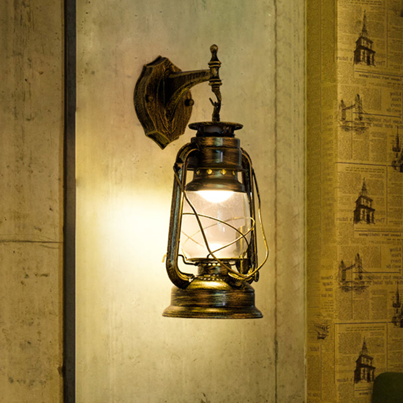 Vintage Iron Kerosene Lantern Wall Light Fixture For Restaurants - 1-Light
