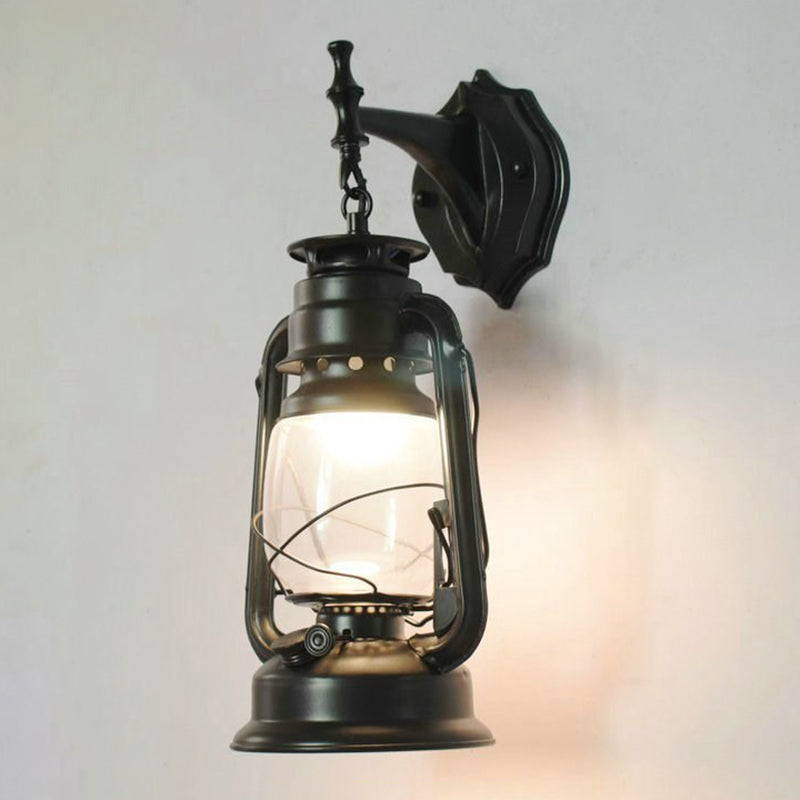 Vintage Iron Kerosene Lantern Wall Light Fixture For Restaurants - 1-Light Black / A