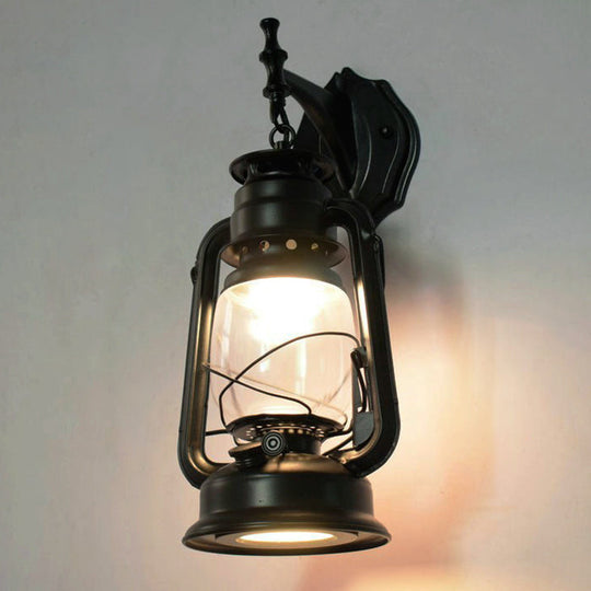 Vintage Iron Kerosene Lantern Wall Light Fixture For Restaurants - 1-Light Black / B