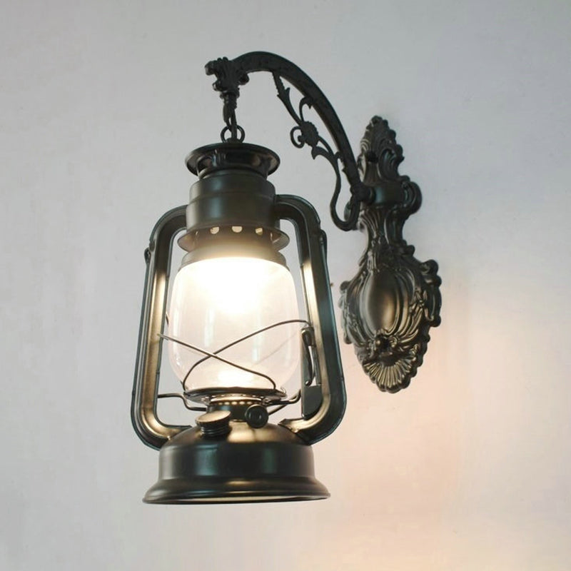 Vintage Iron Kerosene Lantern Wall Light Fixture For Restaurants - 1-Light Black / F