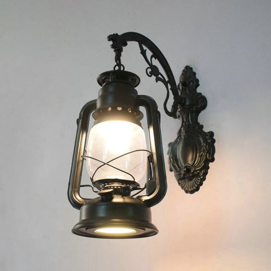 Vintage Iron Kerosene Lantern Wall Light Fixture For Restaurants - 1-Light Black / G