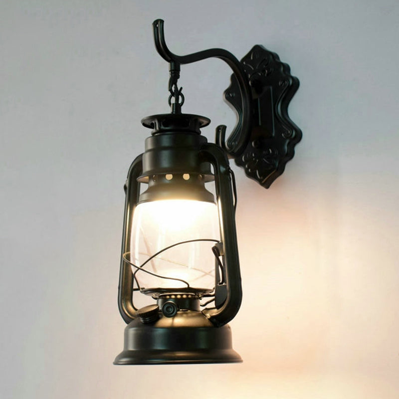 Vintage Iron Kerosene Lantern Wall Light Fixture For Restaurants - 1-Light Black / C