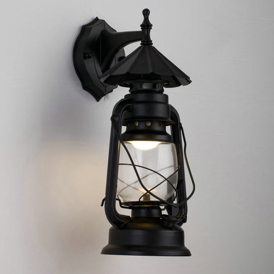 Vintage Iron Kerosene Lantern Wall Light Fixture For Restaurants - 1-Light Black / E