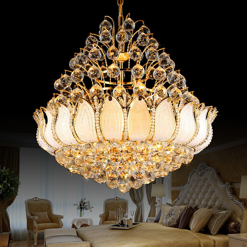 Contemporary Gold Lotus Hanging Light Chandelier - 9/11 Lights Faceted Crystal Ball Fixture