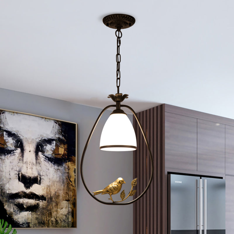 Retro Handblown Glass Ceiling Light With Bird And Branch Decor - Dining Room Hanging Pendant In