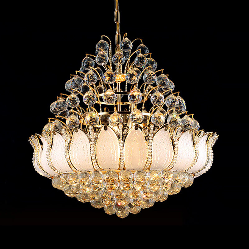 Contemporary Gold Lotus Hanging Light Chandelier - 9/11 Lights Faceted Crystal Ball Fixture