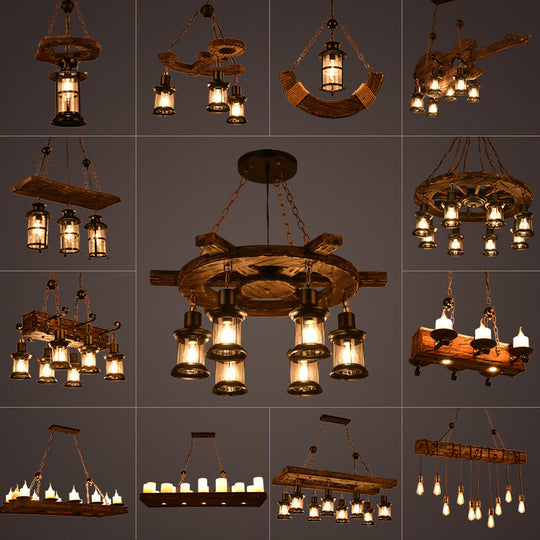Antique Iron Lantern Chandelier For Commercial Restaurant Lighting With Wooden Pendant