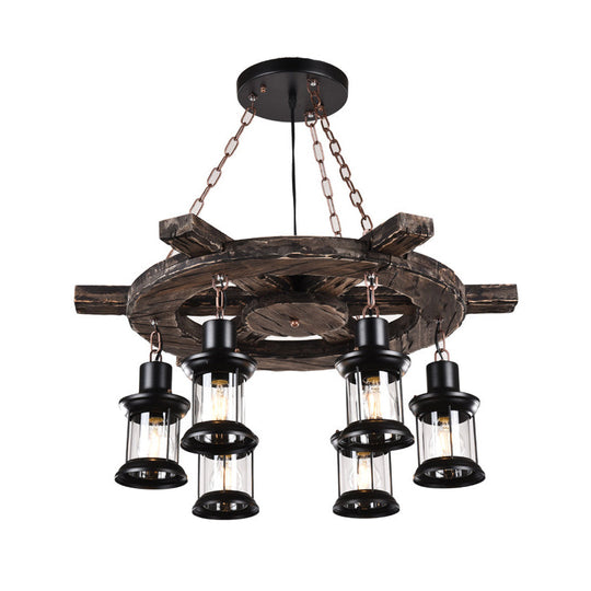 Iron Lantern Chandelier, antique pendant lighting for commercial restaurants with wooden accents