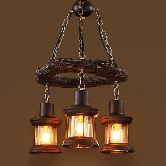 Vintage Distressed Wood Lantern Restaurant Chandelier With Clear Glass Suspension Light