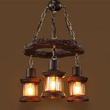 Vintage Distressed Wood Lantern Restaurant Chandelier With Clear Glass Suspension Light