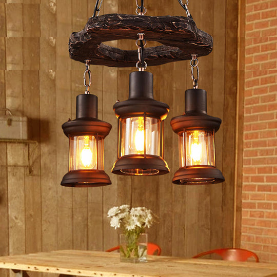 Vintage Distressed Wood Lantern Pendant Light with Clear Glass for Restaurants