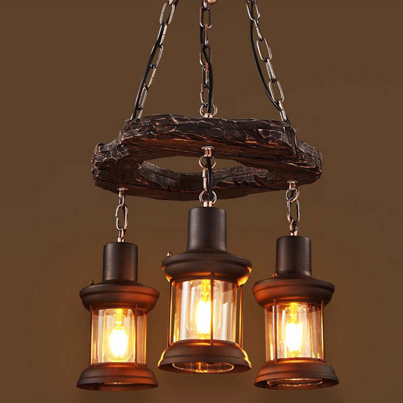 Vintage Distressed Wood Lantern Restaurant Chandelier With Clear Glass Suspension Light 3 /