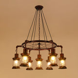Bronze Iron Pendant Light With Clear Glass Shade - Industrial Wagon Wheel Chandelier 7 / D