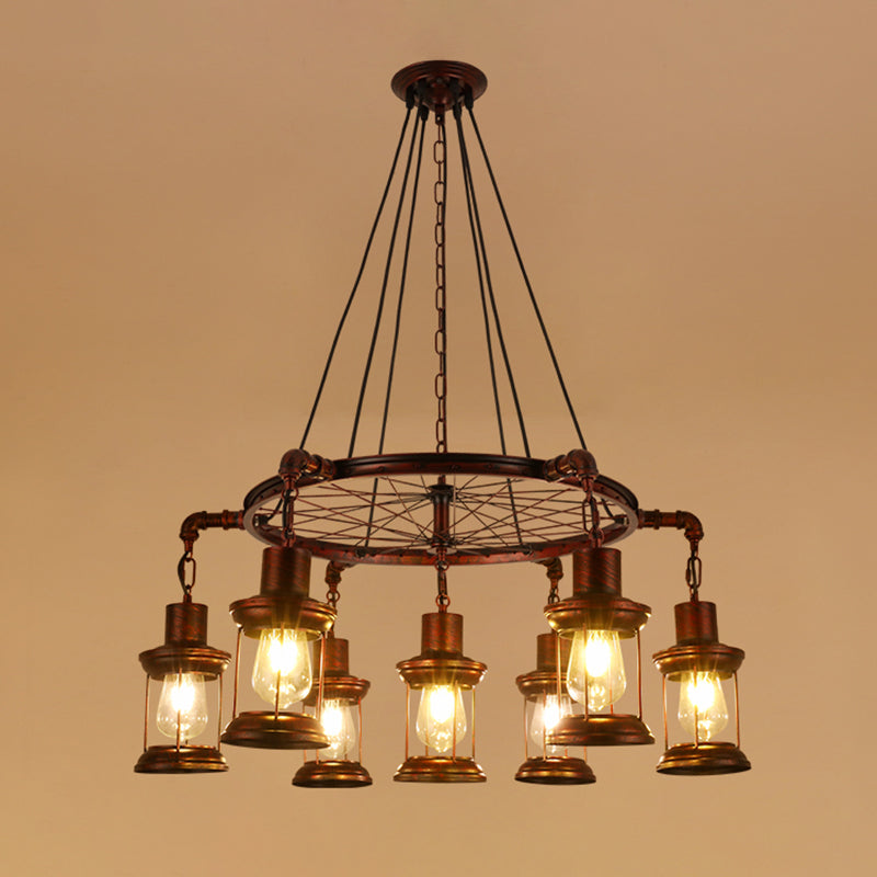 Bronze Iron Pendant Light With Clear Glass Shade - Industrial Wagon Wheel Chandelier 7 / D