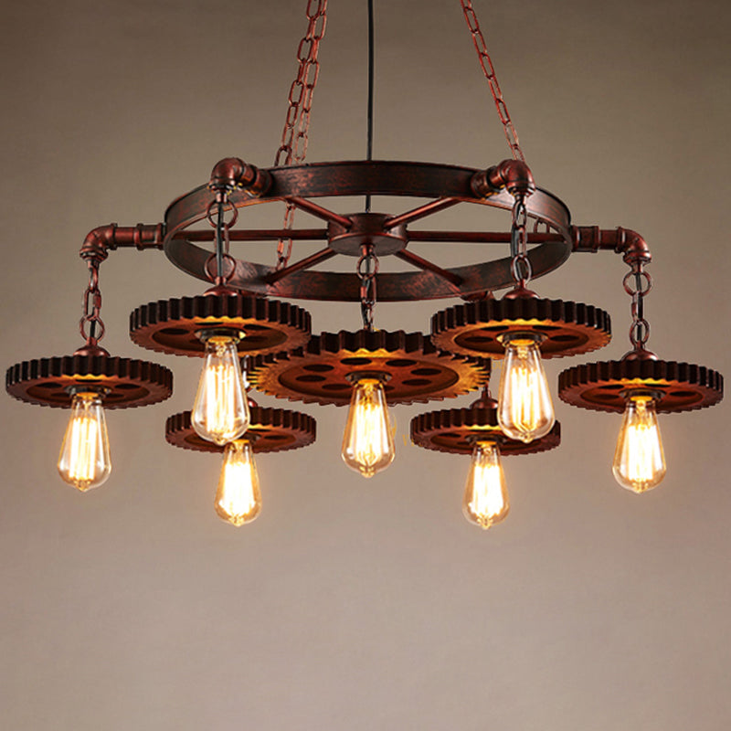 Wagon Wheel Chandelier with Clear Glass Shade in Bronze - Industrial Pendant Lighting