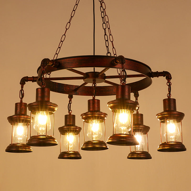 Bronze Iron Pendant Light With Clear Glass Shade - Industrial Wagon Wheel Chandelier 7 / C