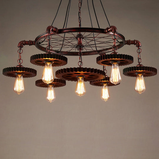 Bronze Iron Pendant Light With Clear Glass Shade - Industrial Wagon Wheel Chandelier 7 / B