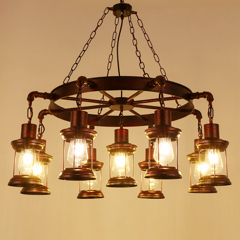 Bronze Iron Pendant Light With Clear Glass Shade - Industrial Wagon Wheel Chandelier 9 / C