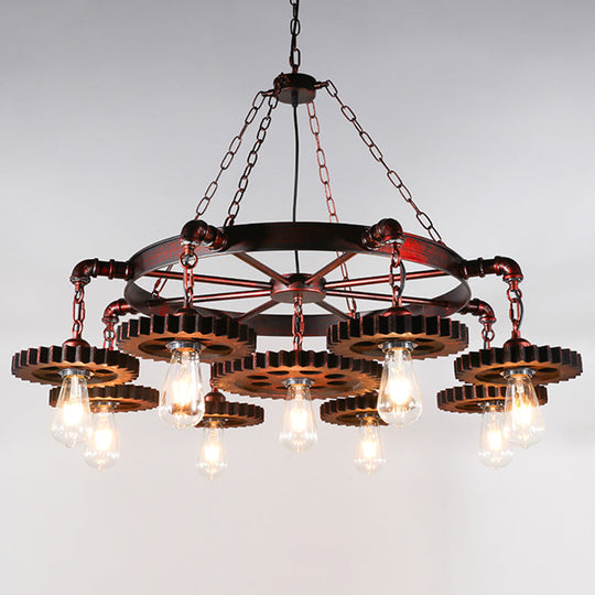 Bronze Iron Pendant Light With Clear Glass Shade - Industrial Wagon Wheel Chandelier 9 / A